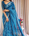 Blue Pure Linen Saree with Tassels and White Floral Patterns