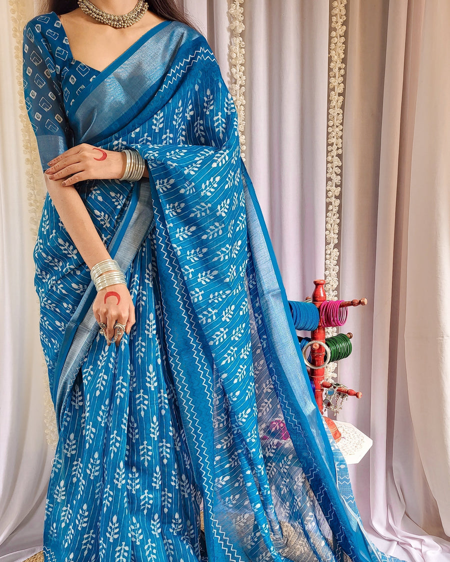 Blue Pure Linen Saree with Tassels and White Floral Patterns