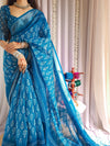 Blue Pure Linen Saree with Tassels and White Floral Patterns