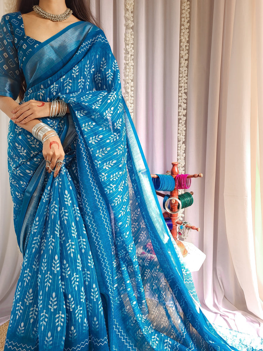 Blue Pure Linen Saree with Tassels and White Floral Patterns