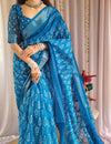 Blue Pure Linen Saree with Tassels and White Floral Patterns