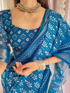 Blue Pure Linen Saree with Tassels and White Floral Patterns