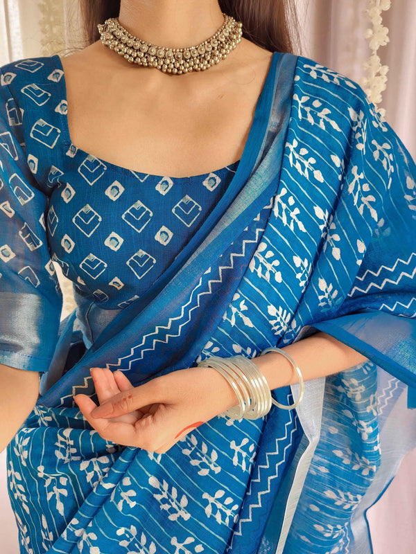 Blue Pure Linen Saree with Tassels and White Floral Patterns
