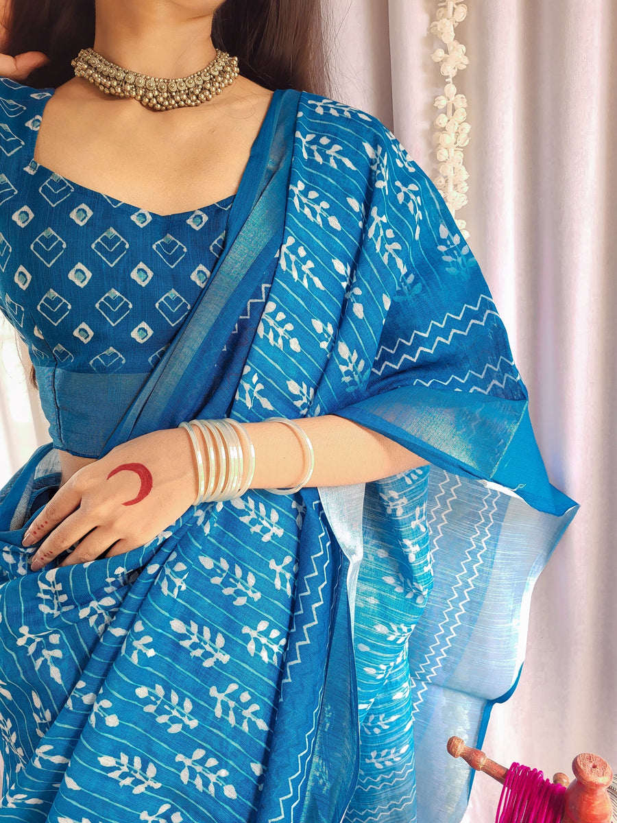 Blue Pure Linen Saree with Tassels and White Floral Patterns