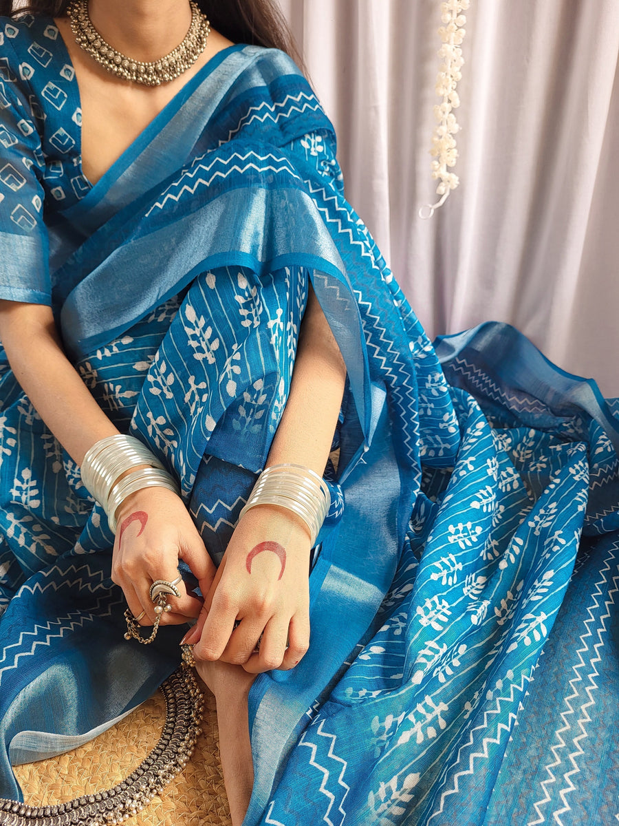 Blue Pure Linen Saree with Tassels and White Floral Patterns