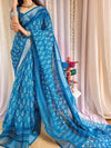 Blue Pure Linen Saree with Tassels and White Floral Patterns