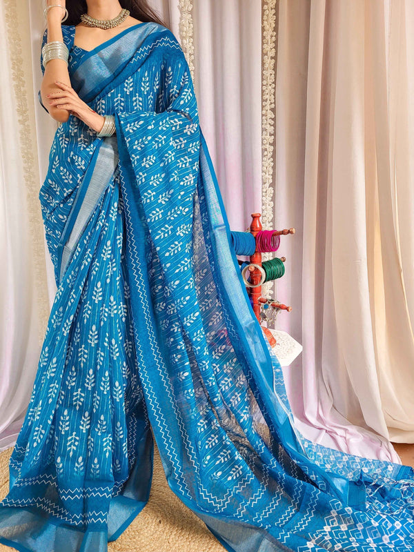 Blue Pure Linen Saree with Tassels and White Floral Patterns