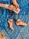 Blue Pure Linen Saree with Tassels and White Floral Patterns