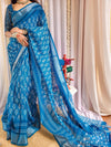 Blue Pure Linen Saree with Tassels and White Floral Patterns