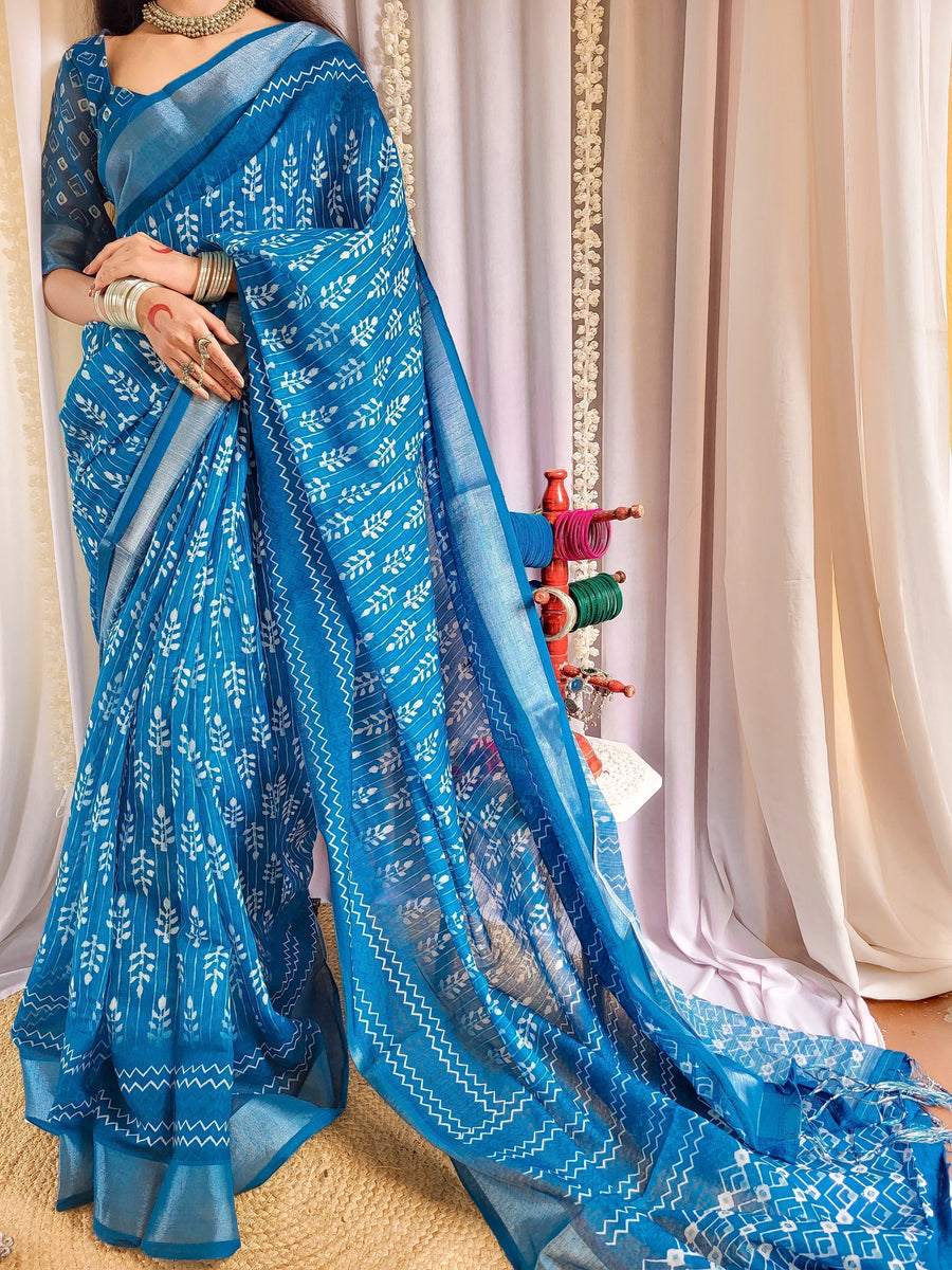 Blue Pure Linen Saree with Tassels and White Floral Patterns