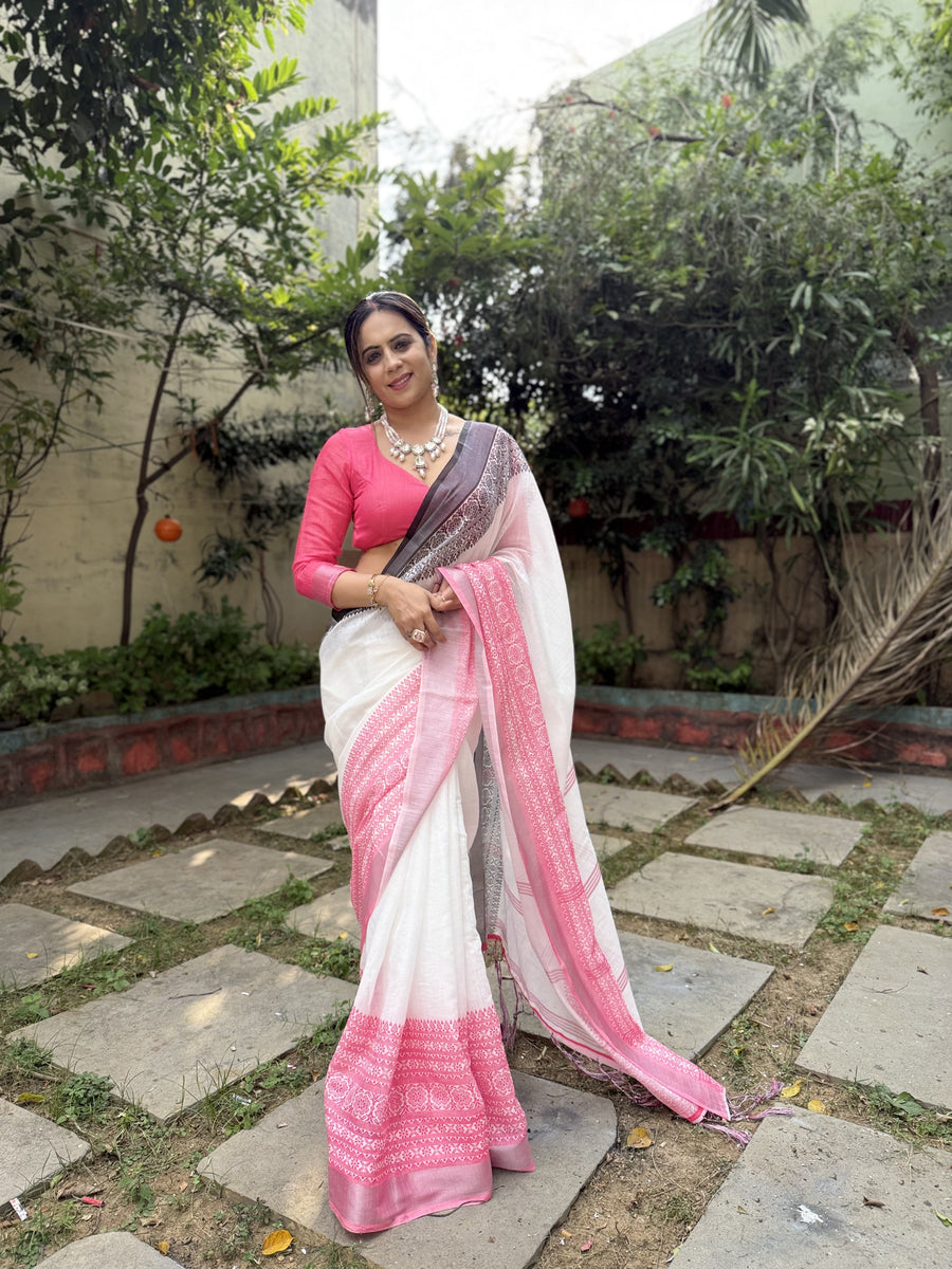 White and Pink Pure Linen Digital Printed Saree with Black Border, Tassels, and Blouse Piece – Intricate Floral and Geometric Design