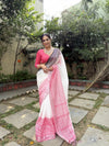 White and Pink Pure Linen Digital Printed Saree with Black Border, Tassels, and Blouse Piece – Intricate Floral and Geometric Design