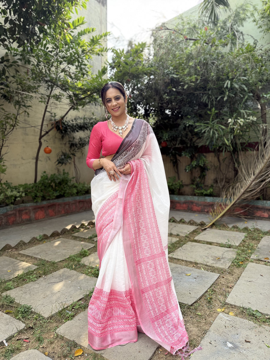 White and Pink Pure Linen Digital Printed Saree with Black Border, Tassels, and Blouse Piece – Intricate Floral and Geometric Design