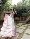 White and Pink Pure Linen Digital Printed Saree with Black Border, Tassels, and Blouse Piece – Intricate Floral and Geometric Design