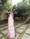 White and Pink Pure Linen Digital Printed Saree with Black Border, Tassels, and Blouse Piece – Intricate Floral and Geometric Design