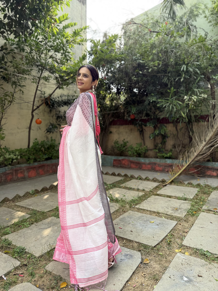 White and Pink Pure Linen Digital Printed Saree with Black Border, Tassels, and Blouse Piece – Intricate Floral and Geometric Design