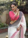 White and Pink Pure Linen Digital Printed Saree with Black Border, Tassels, and Blouse Piece – Intricate Floral and Geometric Design