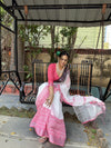 White and Pink Pure Linen Digital Printed Saree with Black Border, Tassels, and Blouse Piece – Intricate Floral and Geometric Design