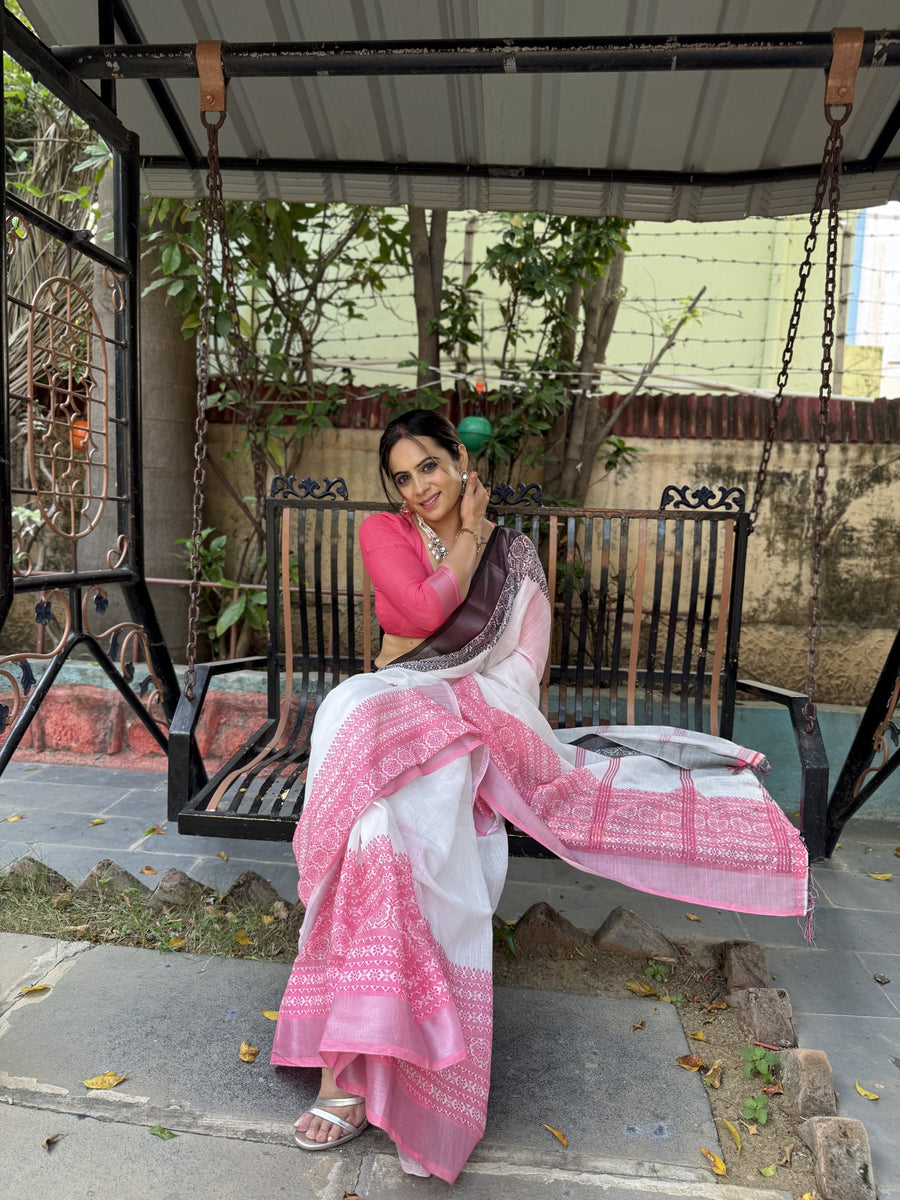 White and Pink Pure Linen Digital Printed Saree with Black Border, Tassels, and Blouse Piece – Intricate Floral and Geometric Design