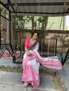 White and Pink Pure Linen Digital Printed Saree with Black Border, Tassels, and Blouse Piece – Intricate Floral and Geometric Design