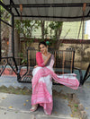 White and Pink Pure Linen Digital Printed Saree with Black Border, Tassels, and Blouse Piece – Intricate Floral and Geometric Design