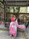 White and Pink Pure Linen Digital Printed Saree with Black Border, Tassels, and Blouse Piece – Intricate Floral and Geometric Design