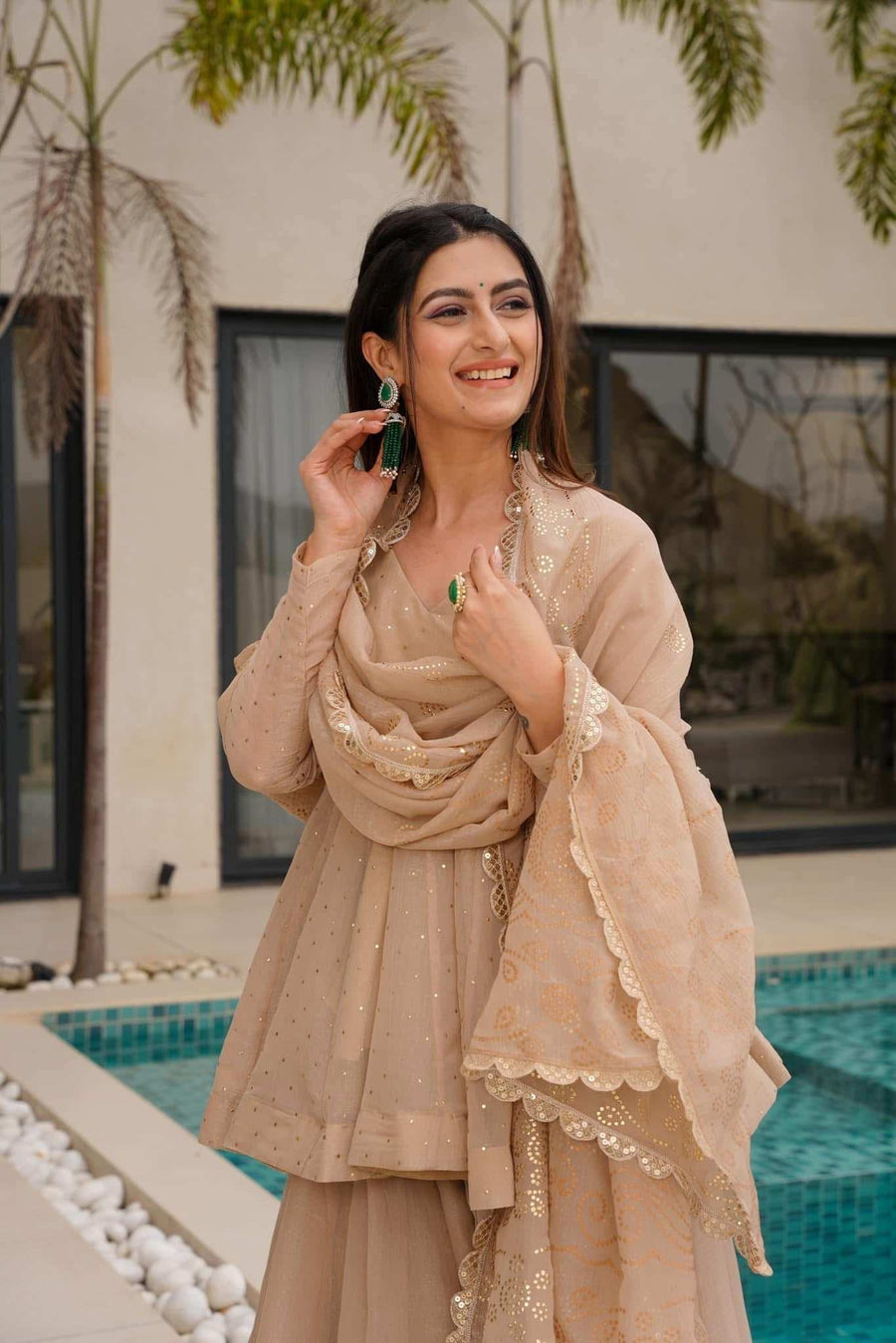 Beige Peplum Kurti Sharara Set back view showing full sleeves and embroidered details - Shree Roop