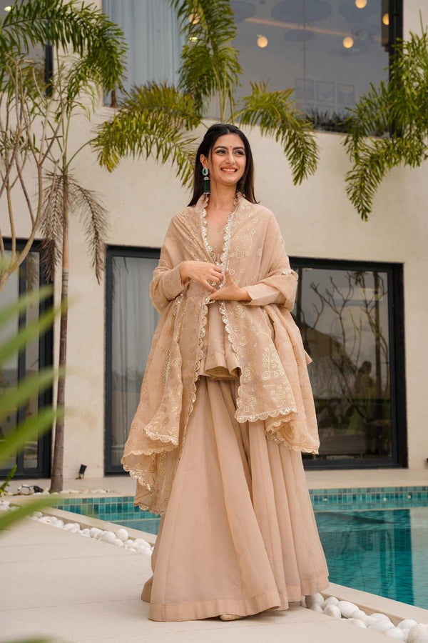 Beige sharara set with embroidered dupatta and foil print, perfect for festive party wear - Shree Roop