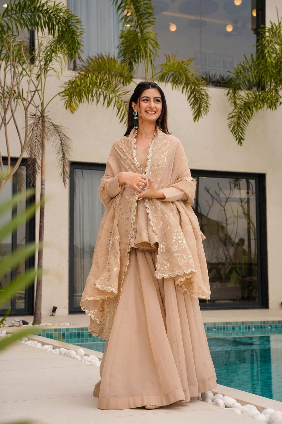 Beige sharara set with embroidered dupatta and foil print, perfect for festive party wear - Shree Roop