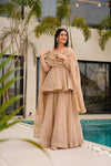 Beige Peplum Kurti Sharara Set with foil print and sequin embellishment front view - Shree Roop