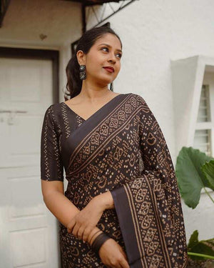 Black Pure Cotton Linen Saree | Zari Weave with Tassel Detailing