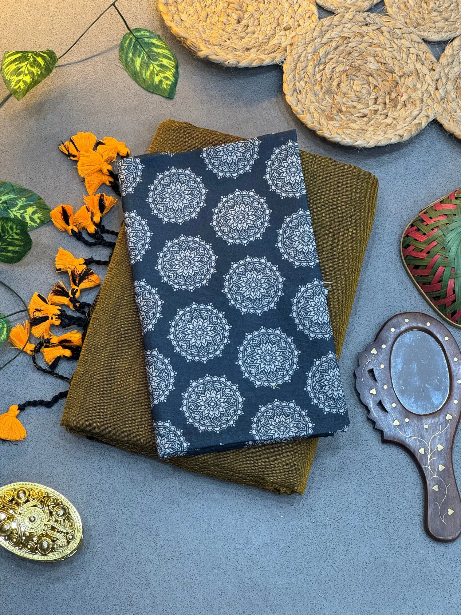 Handwoven Olive Green Khadi Cotton Saree with Navy Blue Mandala Digital Print Blouse - SHREE ROOP