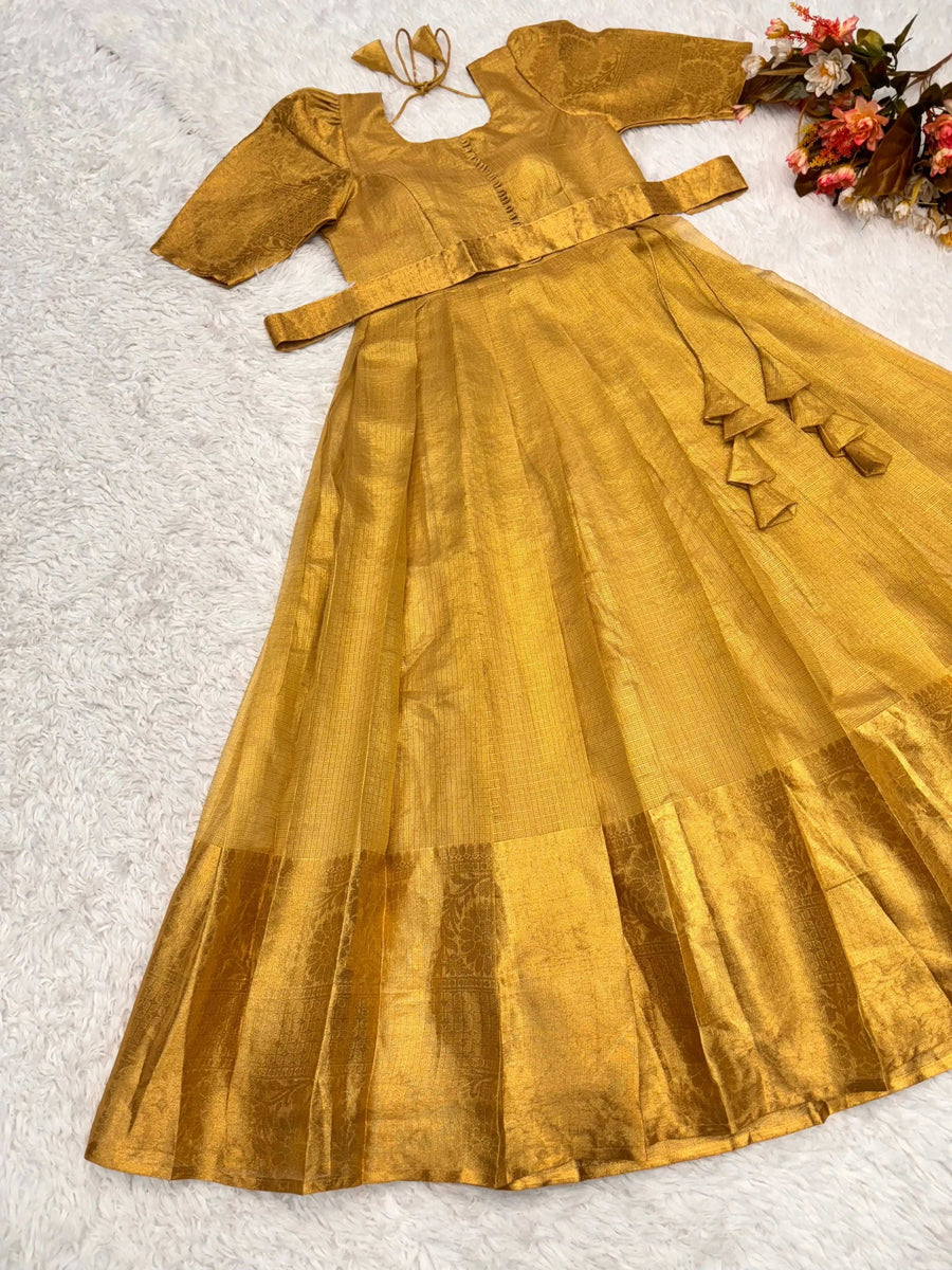 Golden Tissue Silk Gown Full Length View - Shree Roop