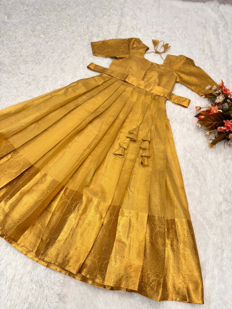 Golden Tissue Silk Gown with Dupatta - Shree Roop