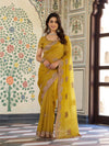 Mustard Yellow Fendy Satin Embroidered Saree with Elephant Motifs & Zari Border | Designer Festive Saree with Tassels & Heavy Embroidered Blouse