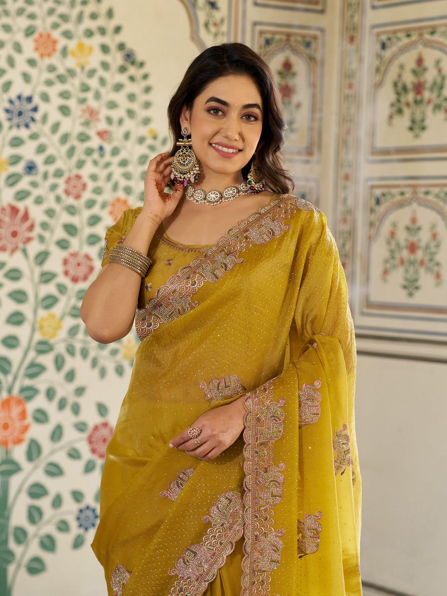 Mustard Yellow Fendy Satin Embroidered Saree with Elephant Motifs & Zari Border | Designer Festive Saree with Tassels & Heavy Embroidered Blouse