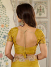 Mustard Yellow Fendy Satin Embroidered Saree with Elephant Motifs & Zari Border | Designer Festive Saree with Tassels & Heavy Embroidered Blouse