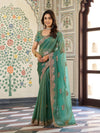 Sea Green Fendy Satin Embroidered Saree with Elephant Motifs & Heavy Zari Border | Designer Festive Wear Saree with Tassels & Embroidered Blouse
