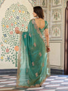 Sea Green Fendy Satin Embroidered Saree with Elephant Motifs & Heavy Zari Border | Designer Festive Wear Saree with Tassels & Embroidered Blouse