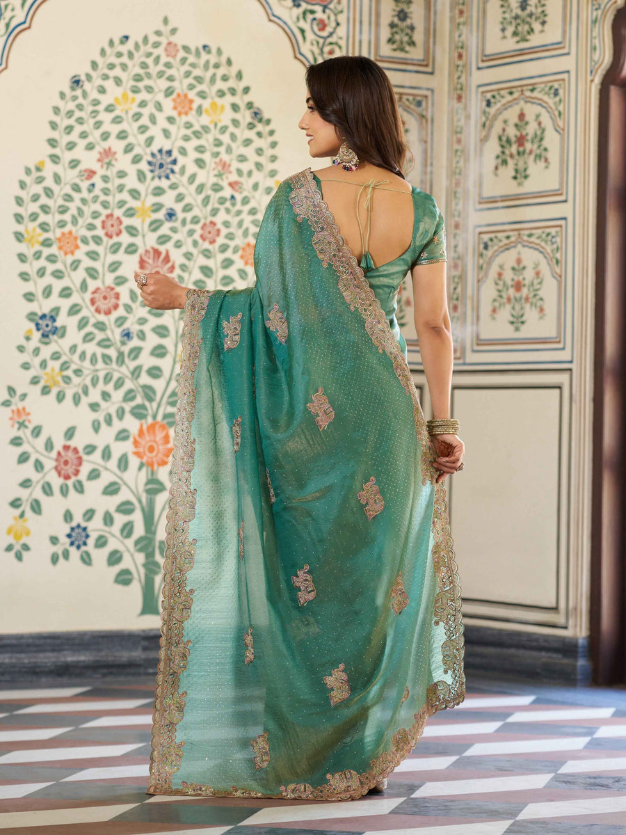 Sea Green Fendy Satin Embroidered Saree with Elephant Motifs & Heavy Zari Border | Designer Festive Wear Saree with Tassels & Embroidered Blouse