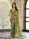 Olive Green Fendy Satin Embroidered Saree with Elephant Motifs & Zari Border | Designer Festive Saree with Tassels & Heavy Embroidered Blouse