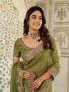 Olive Green Fendy Satin Embroidered Saree with Elephant Motifs & Zari Border | Designer Festive Saree with Tassels & Heavy Embroidered Blouse