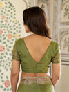 Olive Green Fendy Satin Embroidered Saree with Elephant Motifs & Zari Border | Designer Festive Saree with Tassels & Heavy Embroidered Blouse