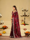 Wine Designer Fendy Satin Saree with Heavy Embroidered Border | Premium Festive Party Wear Saree with Floral Embroidery & Matching Blouse
