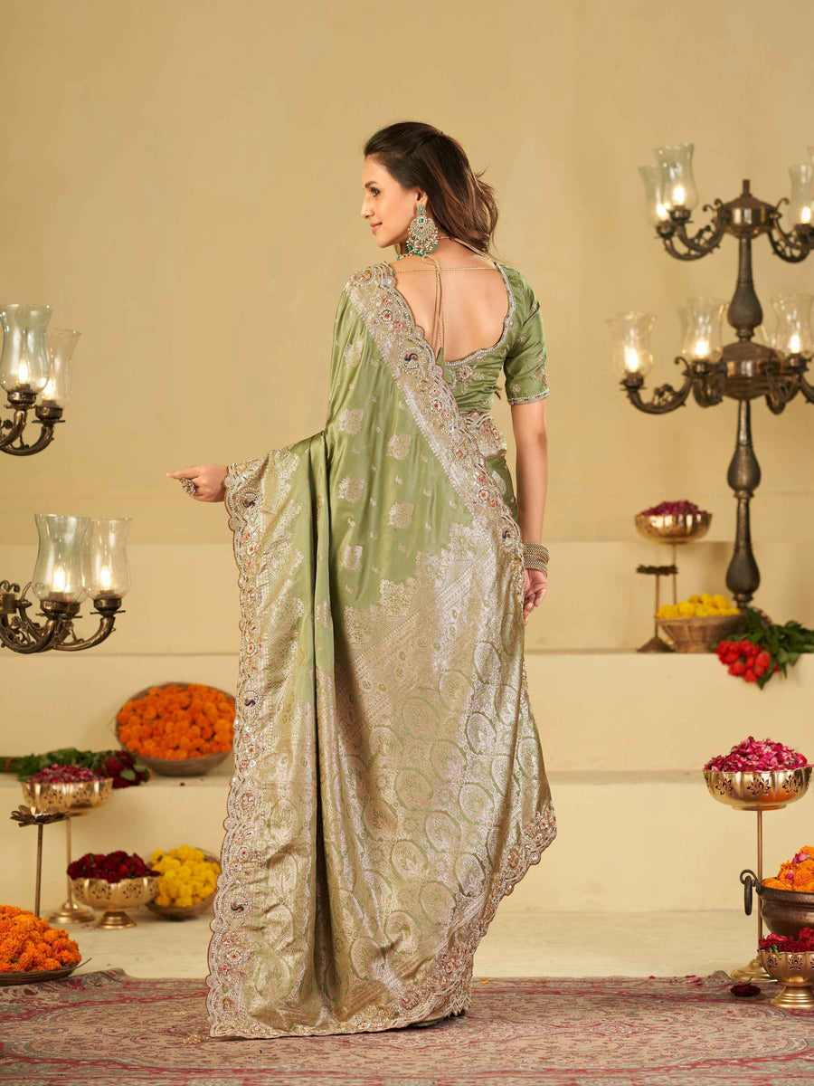 Pastel Green Banarasi Silk Saree with Heavy Embroidered Scallop Border & Rich Zari Woven Pallu | Designer Wedding Festive Saree