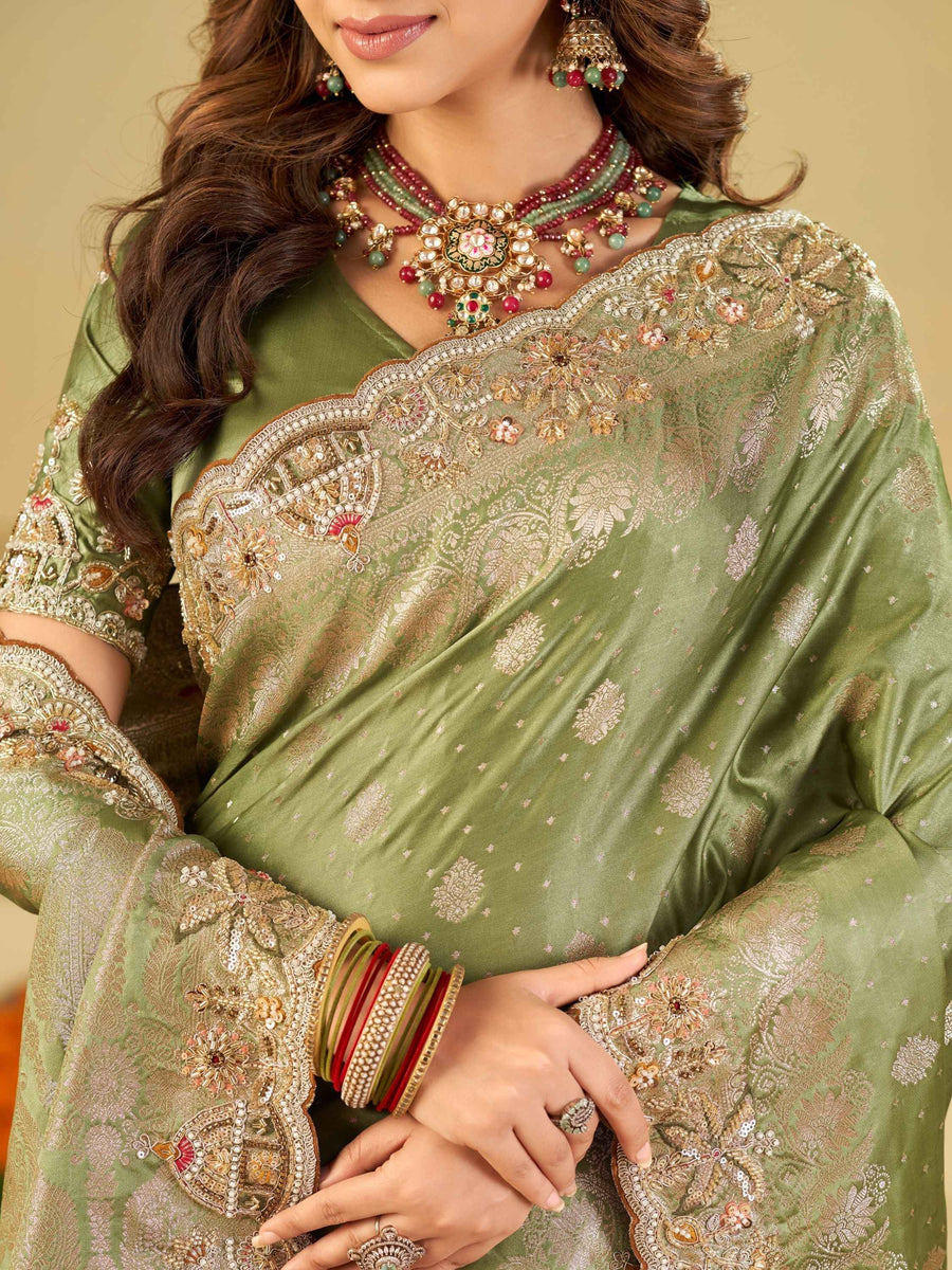 Pista Green Banarasi Silk Saree with Heavy Embroidered Border & Rich Zari Woven Pallu | Designer Wedding Festive Saree