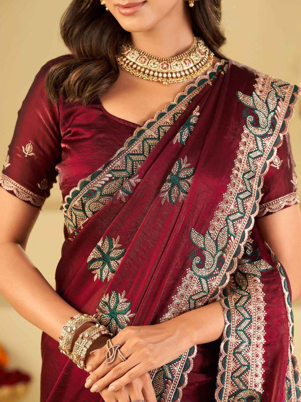 Wine Designer Fendy Satin Saree with Heavy Embroidered Border | Premium Festive Party Wear Saree with Floral Embroidery & Matching Blouse