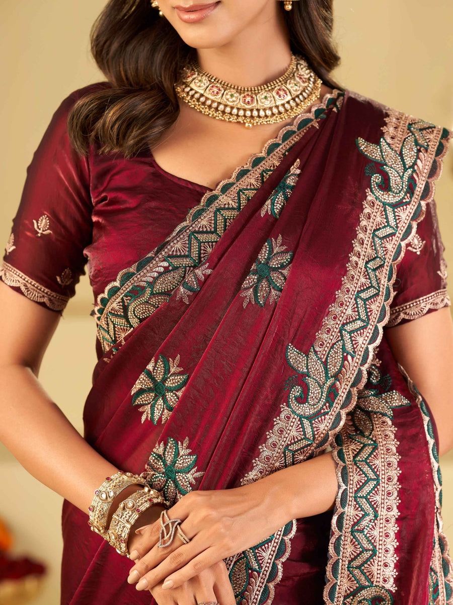 Wine Designer Fendy Satin Saree with Heavy Embroidered Border | Premium Festive Party Wear Saree with Floral Embroidery & Matching Blouse