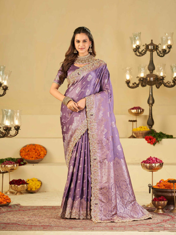 Lavender Purple Banarasi Silk Saree with Heavy Embroidered Border & Rich Zari Woven Pallu | Designer Wedding Festive Saree