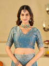 Sky Blue Fendy Satin Saree with White Floral Embroidery Border | Designer Party Wear Saree with Blouse